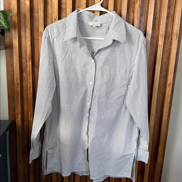 Lafayette 148 New York Buttoned Front Greyson Relaxed Striped Shirt. L - Picture 2 of 12